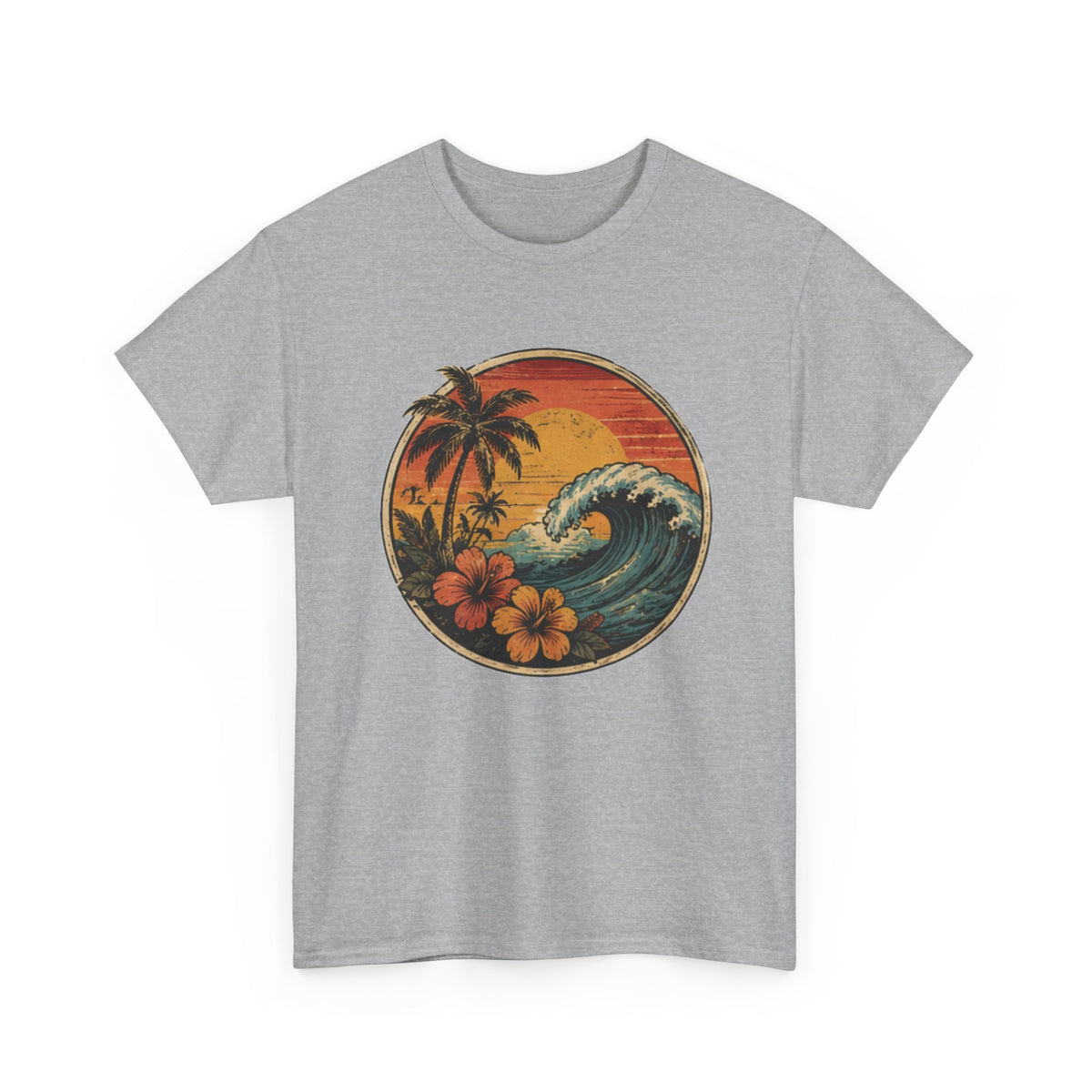 Vintage Tropical Ocean Wave T-Shirt | Retro Coastal Palms & Hibiscus Tee