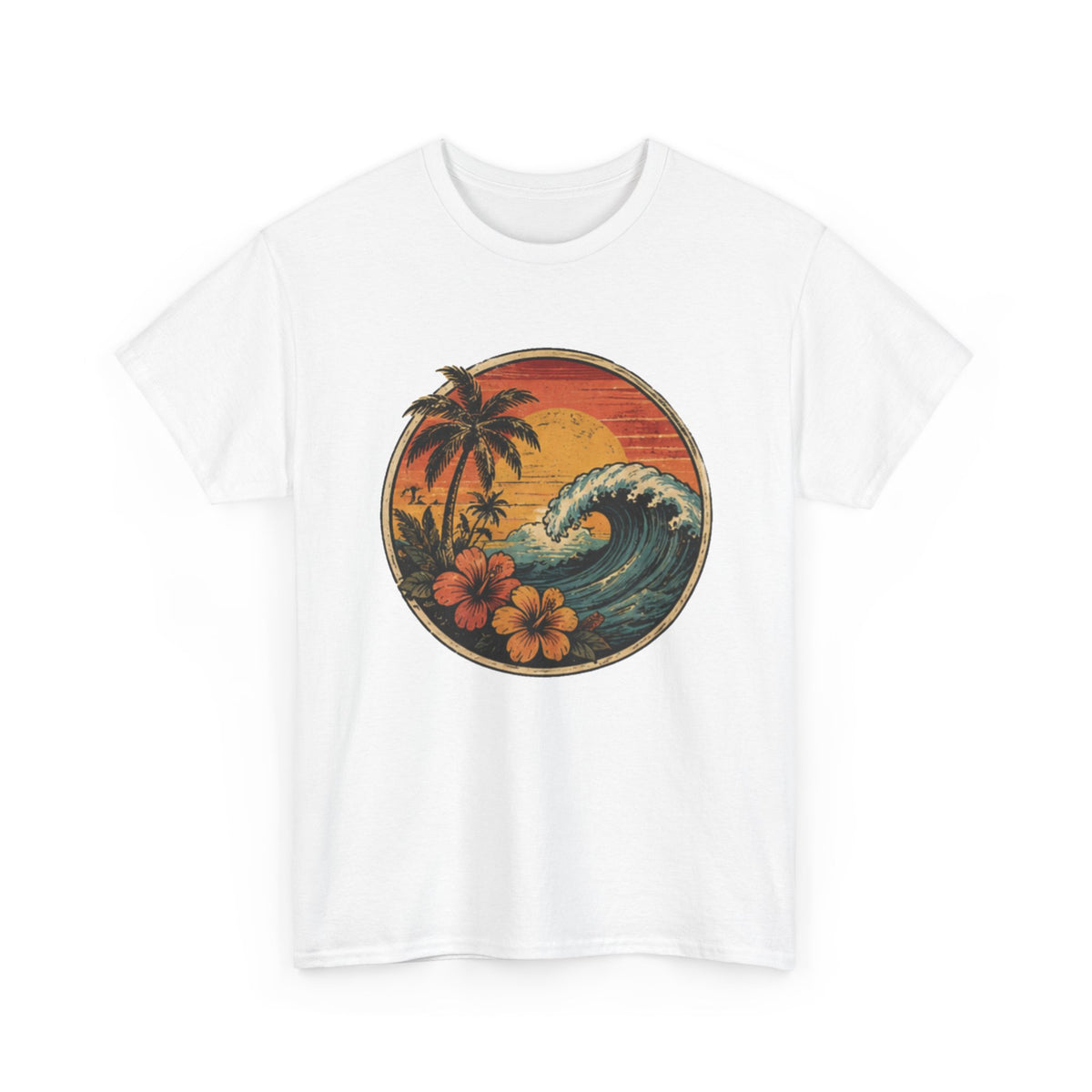 Vintage Tropical Ocean Wave T-Shirt | Retro Coastal Palms & Hibiscus Tee